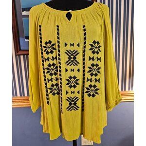 New Directions Boho Tunic Top Embroidered 3/4 Sleeve Rayon M Yellow & Black
